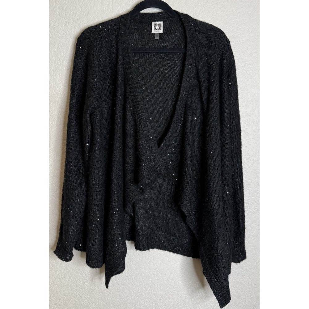 Anne Klein Womens XL Black Sequin Open Front Cardigan Knit Waterfall‎ Going Out